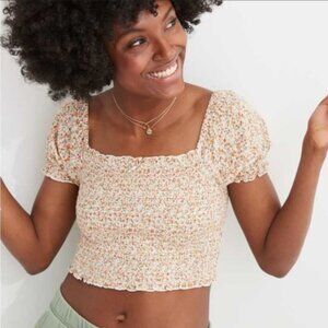AERIE | Smocked Floral Puff Sleeve Crop Top | Sz. XL